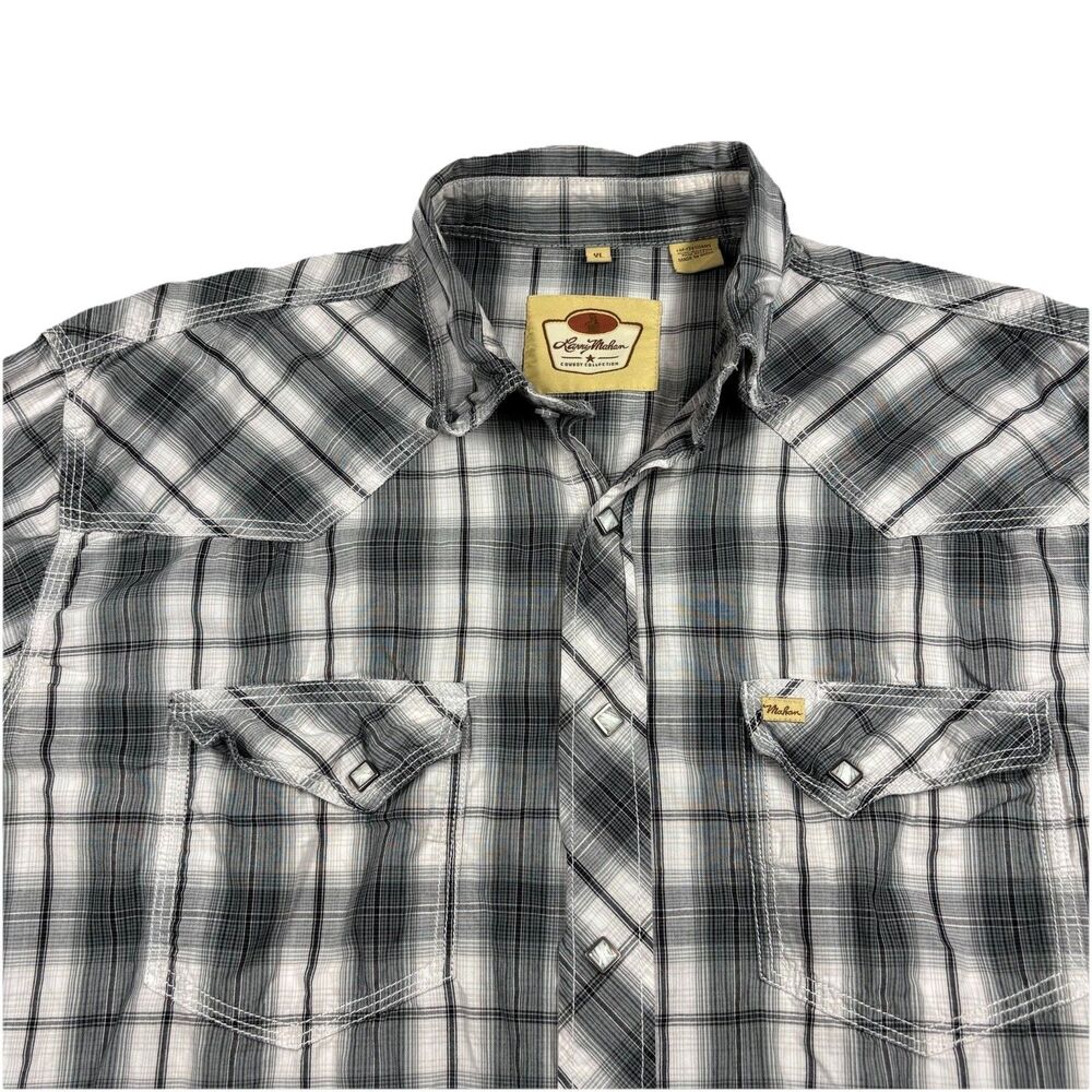 Larry Mahan Western Shirt XL Gray Plaid Snap Front Diamond Snaps